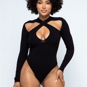 Hera Collection Black Ribbed Cut-Out Bodysuit